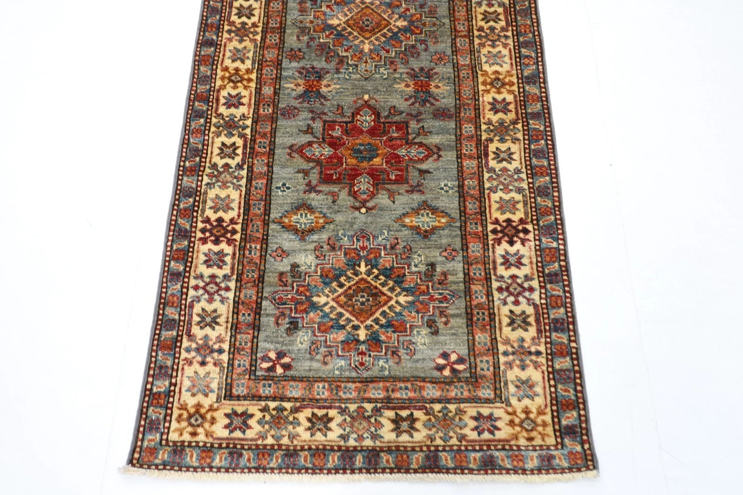 82 x 268 cm | Blueish Grey Kazak Afghan Tribal Hand Knotted Wool Runner