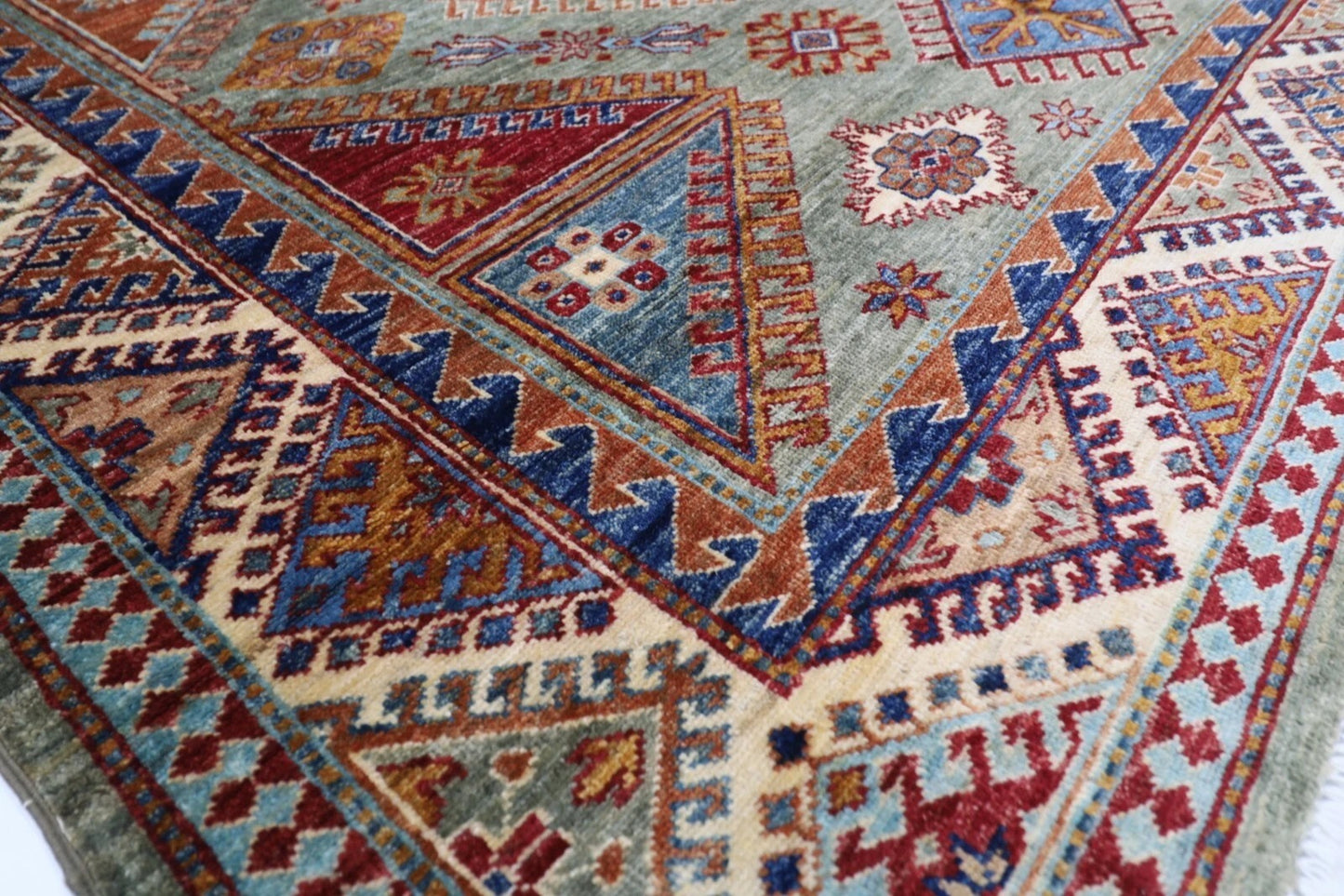 183 x 270 cm | Kazak Green Afghan Tribal Hand Knotted Veg Dye Wool carpet