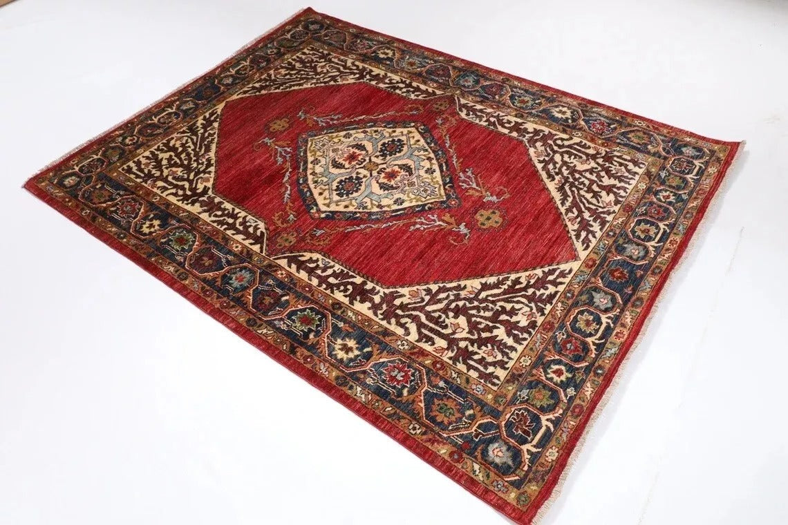151 x 197 cm | Heriz Afghan Tribal Hand Knotted Veg Dye Wool Carpet