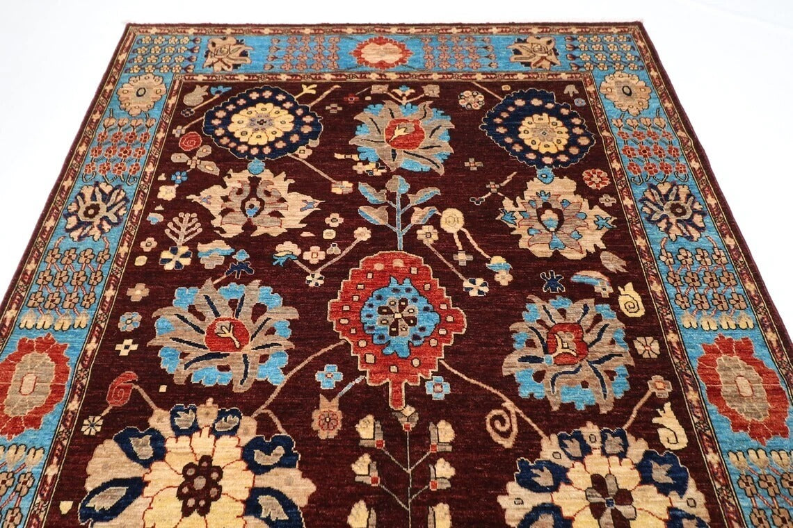 185 x 280 cm | Floral Brown Afghan Tribal Hand Knotted Veg Dye Wool Carpet