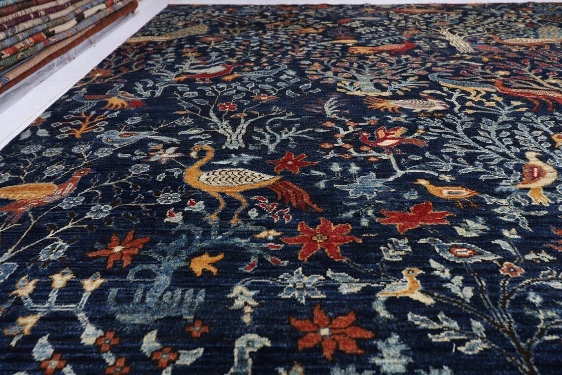 361 x 460 cm | Birds Navy Blue Handmade Large Size Afghan Area Rug Hand Knotted Carpet Living Room Rug