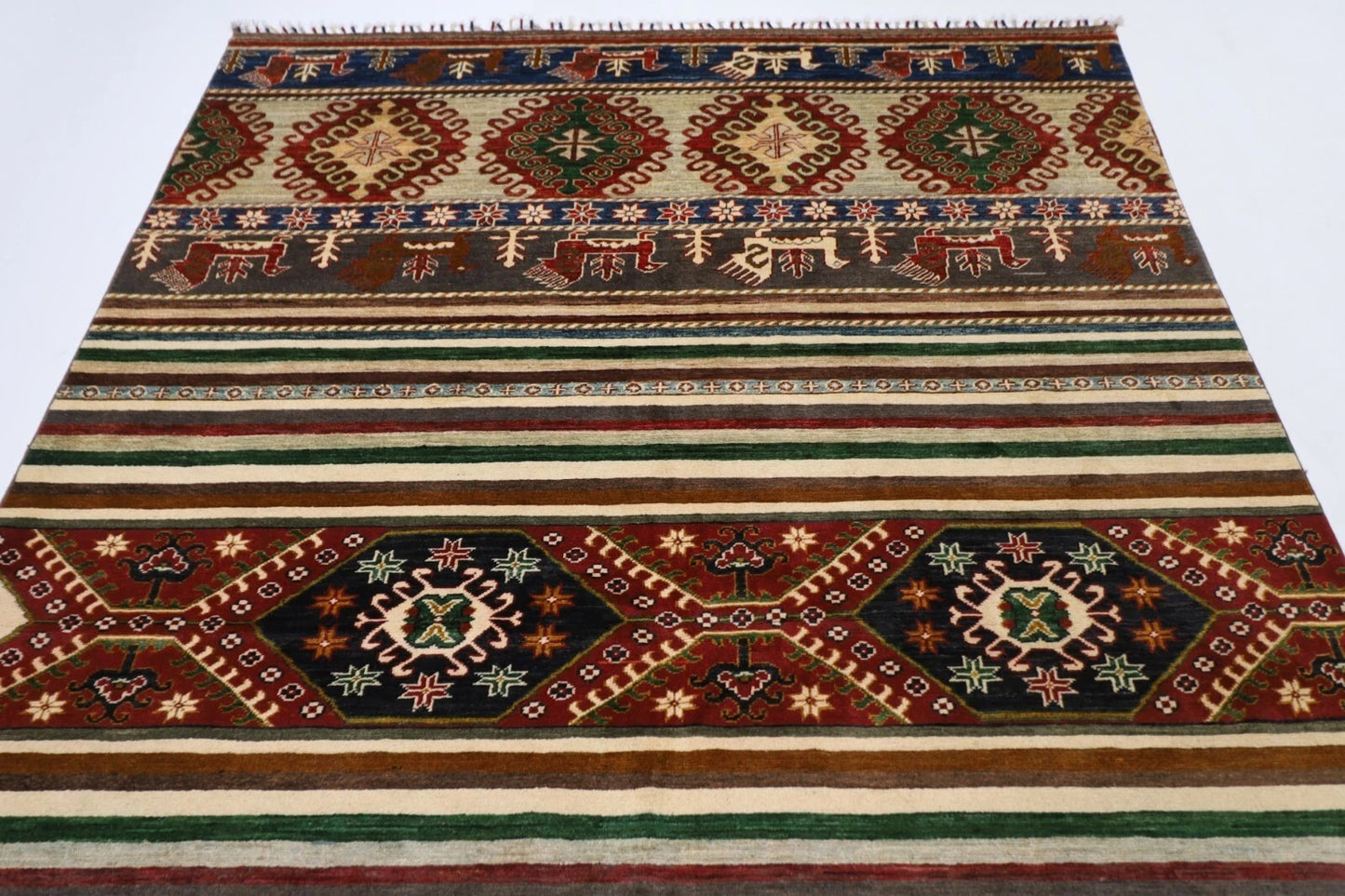 196 x 299 cm | Striped Afghan Tribal Hand Knotted Carpet