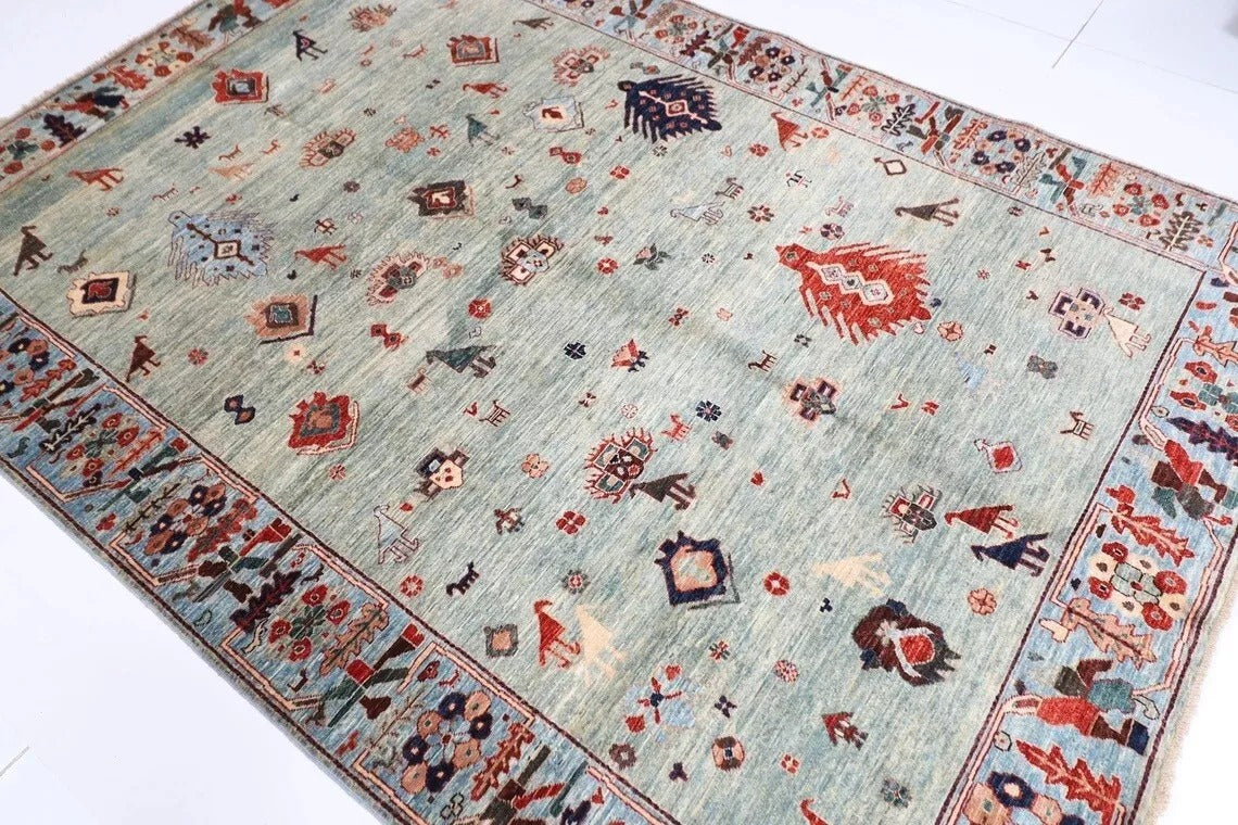 183 x 263 cm | Gabbeh Animal Blue Afghan Tribal Hand Knotted Veg Dye Wool Carpet
