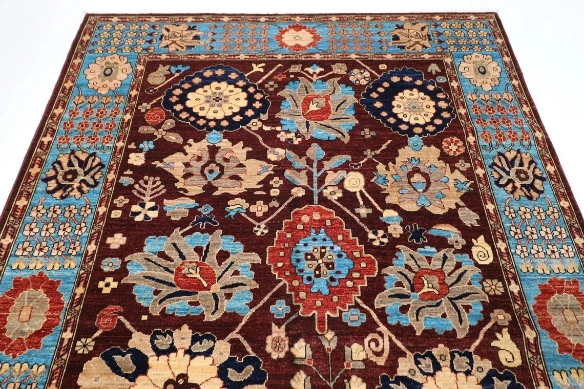 182 x 275 cm | Floral Brown Afghan Tribal Hand Knotted Veg Dye Wool Carpet
