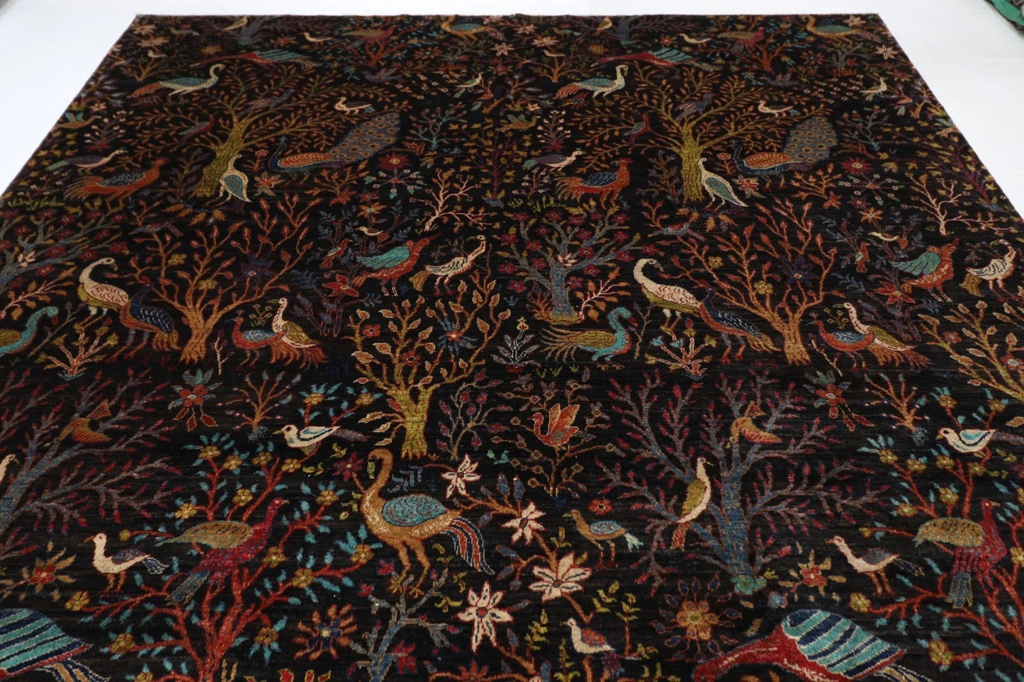 306 x 421 cm | Birds Black Afghan Hand Knotted Carpet