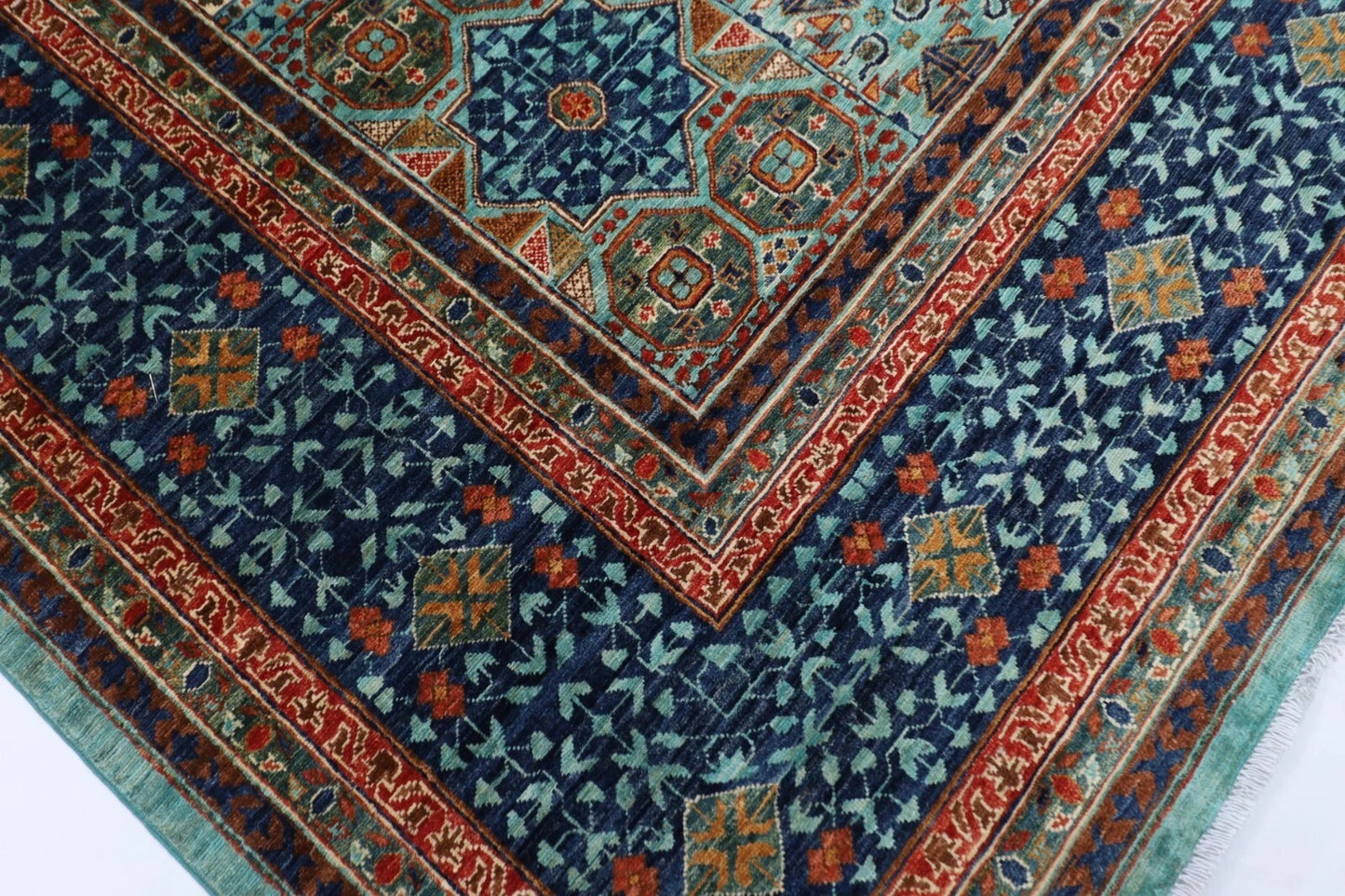 363 x 449 cm | Mamluk Turquoise Afghan Tribal Hand Knotted Carpet