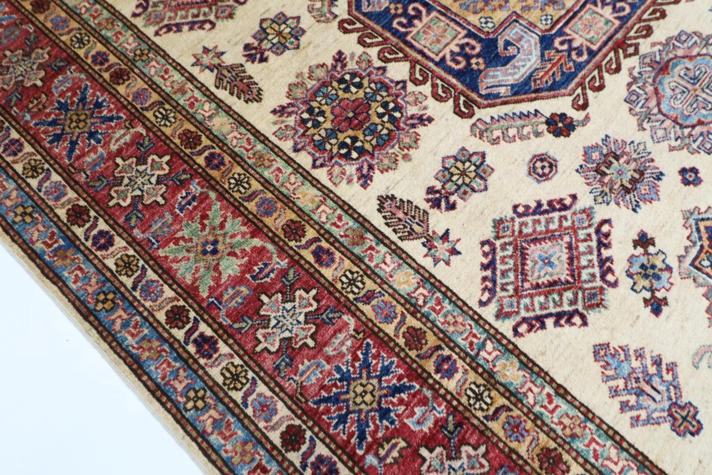 183 x 277 cm |  Geometric Kazak Beige Afghan Tribal Hand Knotted Veg Dye Wool carpet