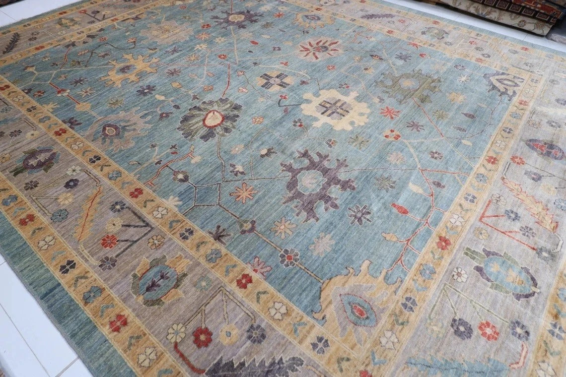 368 x 450 cm | Oushak Blue Handmade Large Size Afghan Area Rug Hand Knotted Carpet Living Room Rug