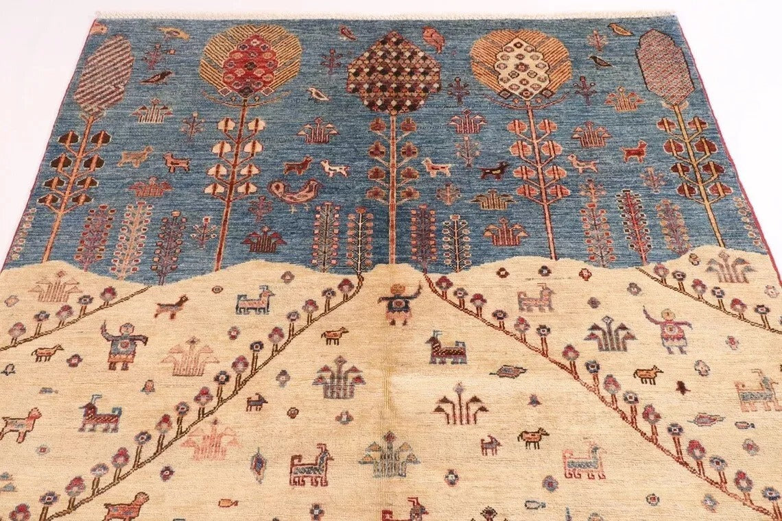 143 x 195 cm | Landscape Afghan Tribal Hand Knotted Veg Dye Wool carpet