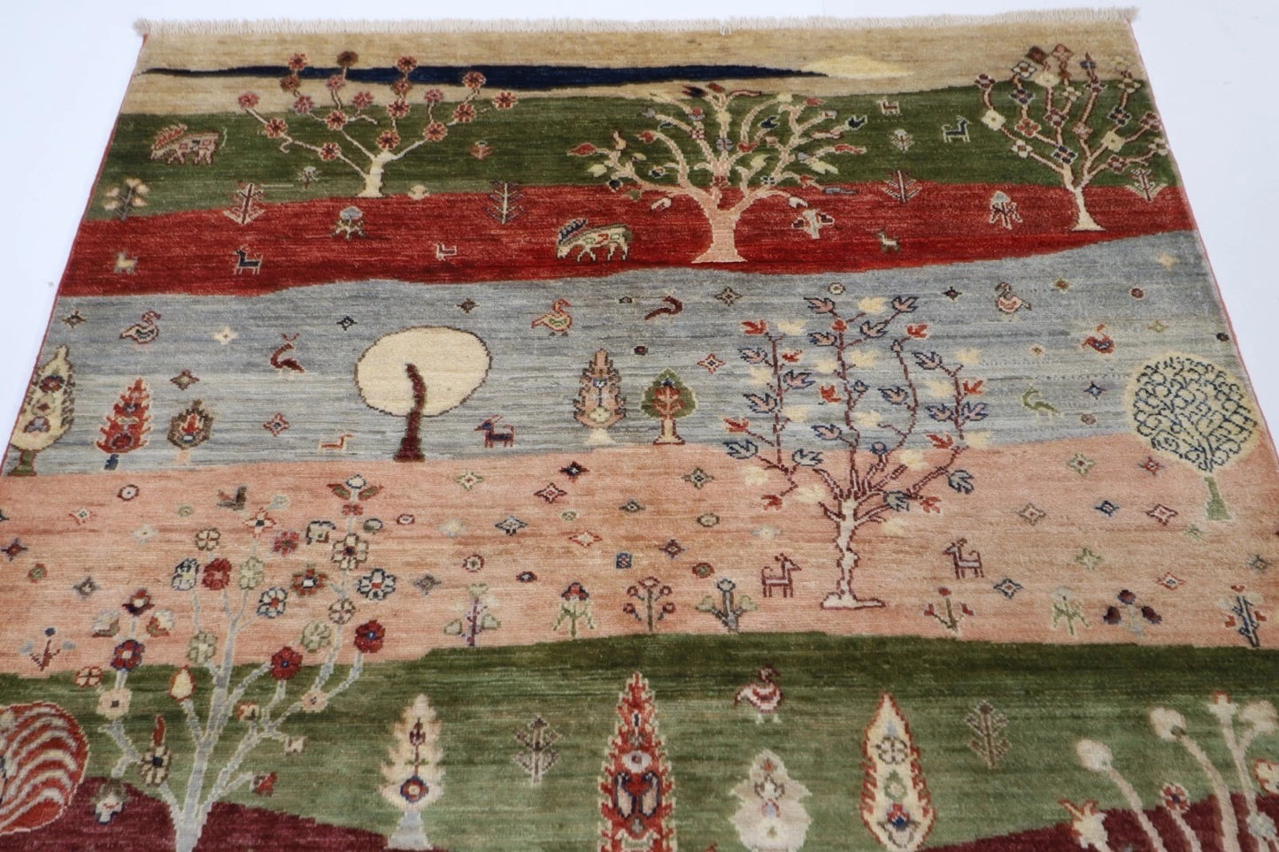 155 x 201 cm | Landscape Afghan Tribal Hand Knotted Veg Dye Wool Carpet