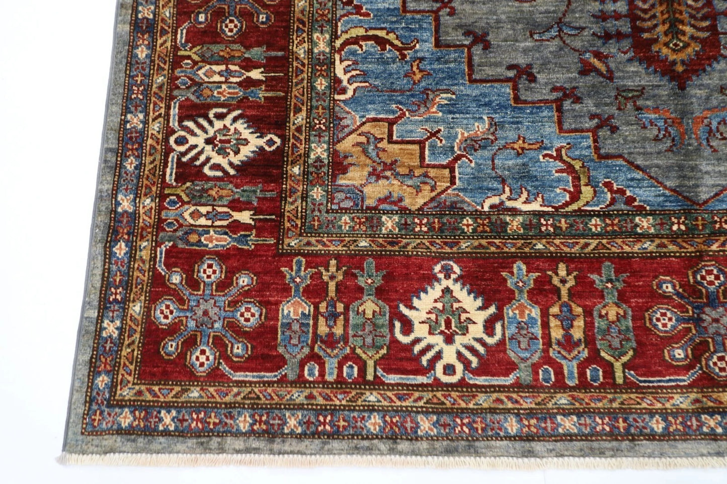 173 x 240 cm | Kazak Afghan Tribal Hand Knotted Veg Dye Wool Carpet Blueish Grey