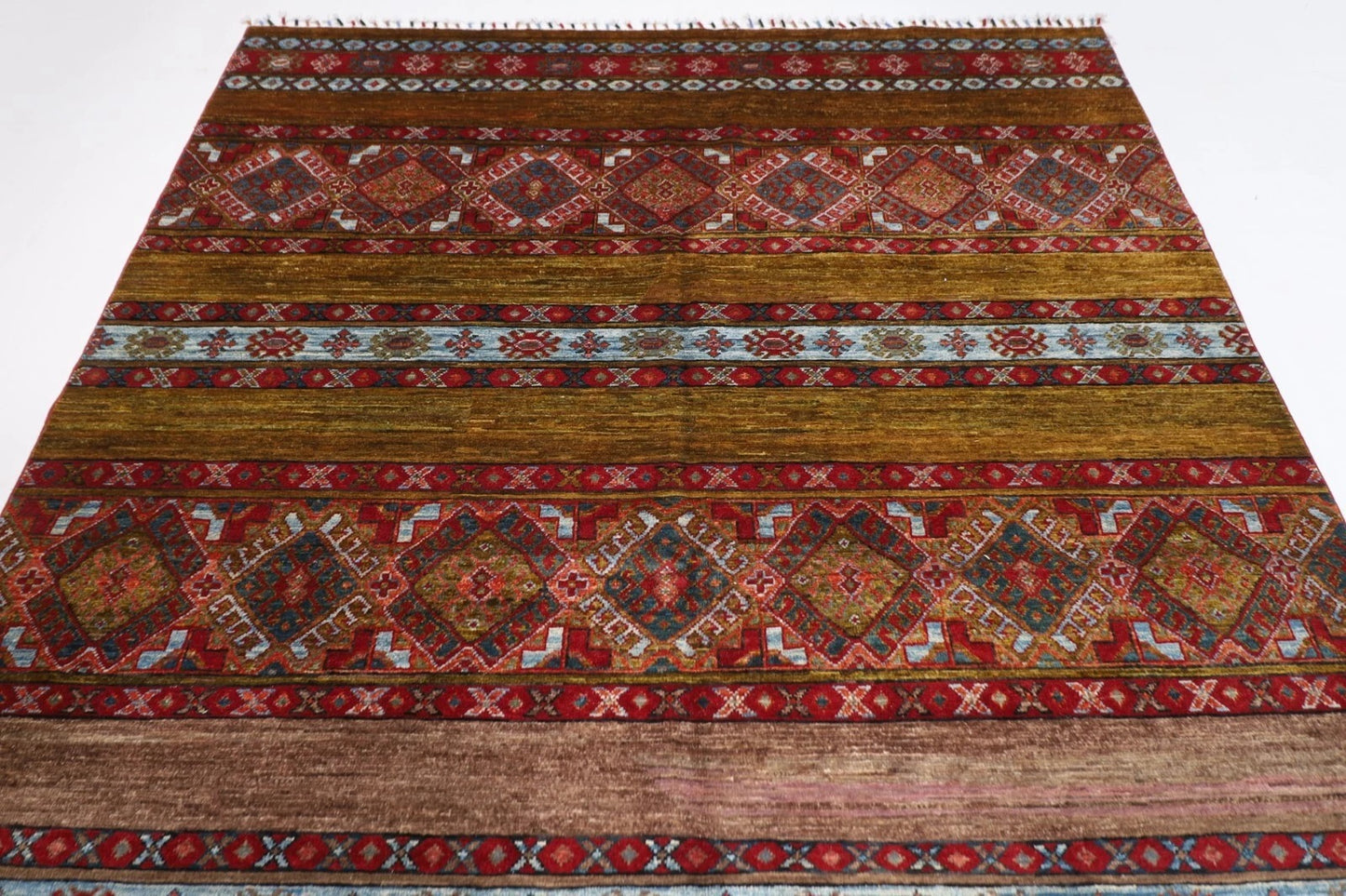 198 x 290 cm | Striped Afghan Tribal Hand Knotted Carpet