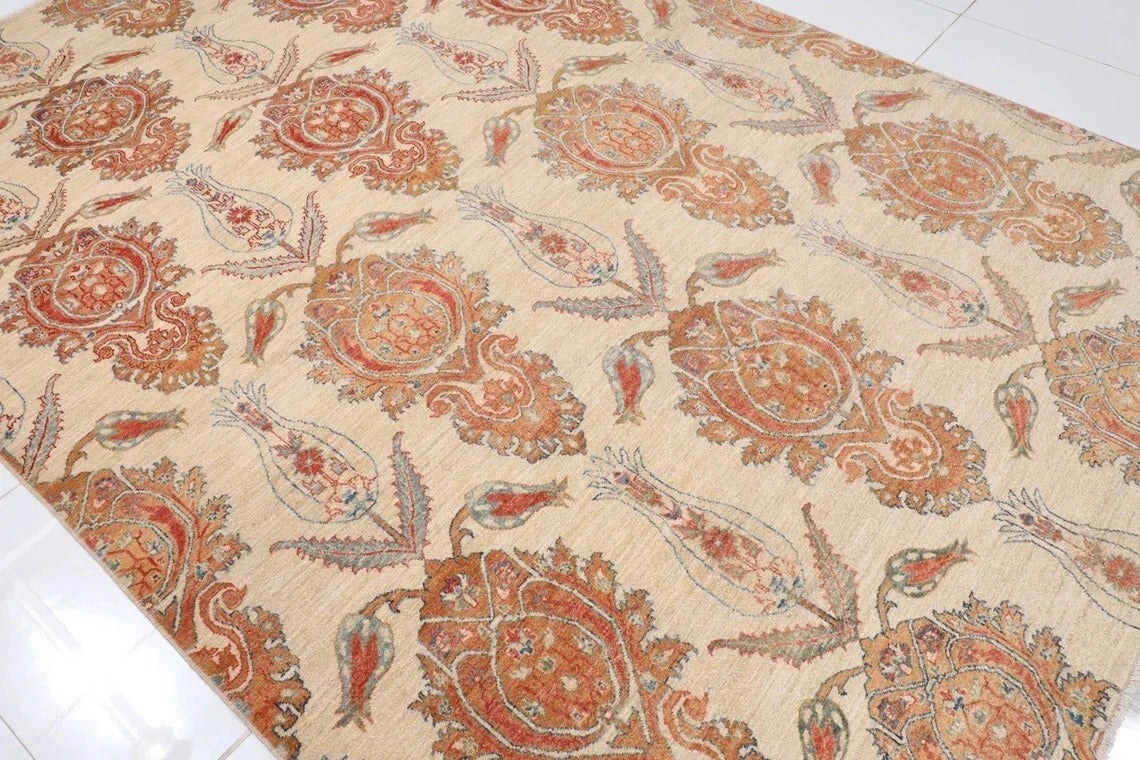 193 x 280 cm | Suzani Beige Afghan Tribal Hand Knotted Veg Dye Wool Carpet