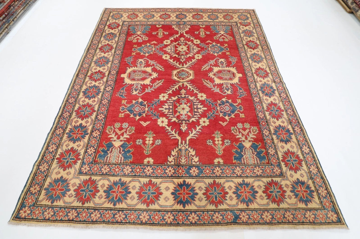195 x 253 cm | Kazak Afghan Tribal Hand Knotted Veg Dye Wool Carpet