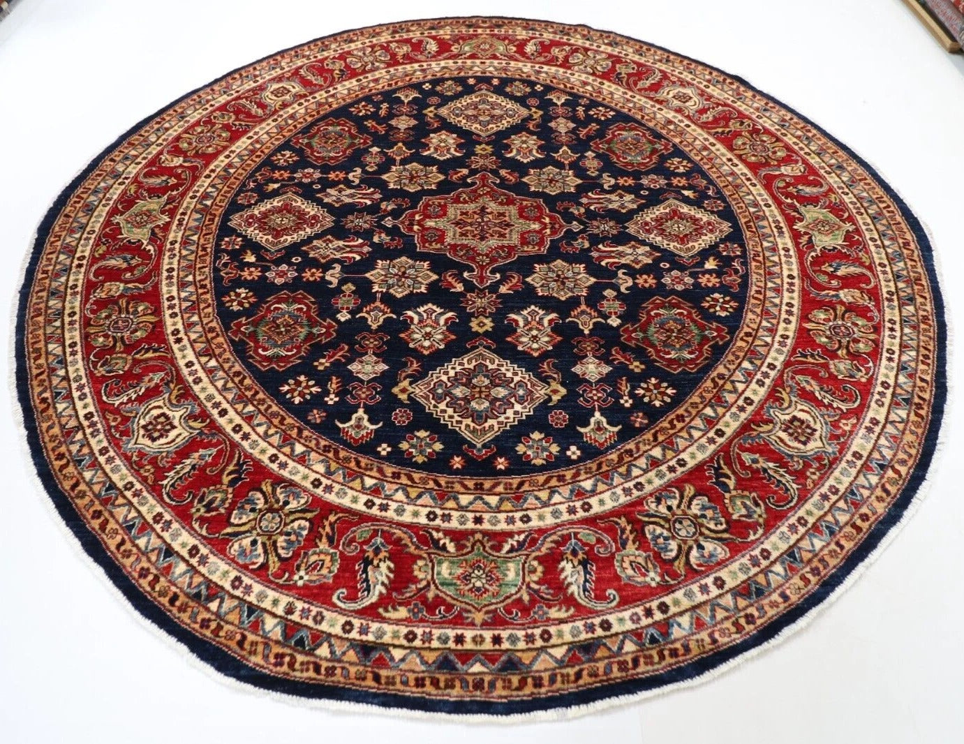 278 x 276 cm | Kazak Afghan Tribal Hand Knotted Wool Round Carpet