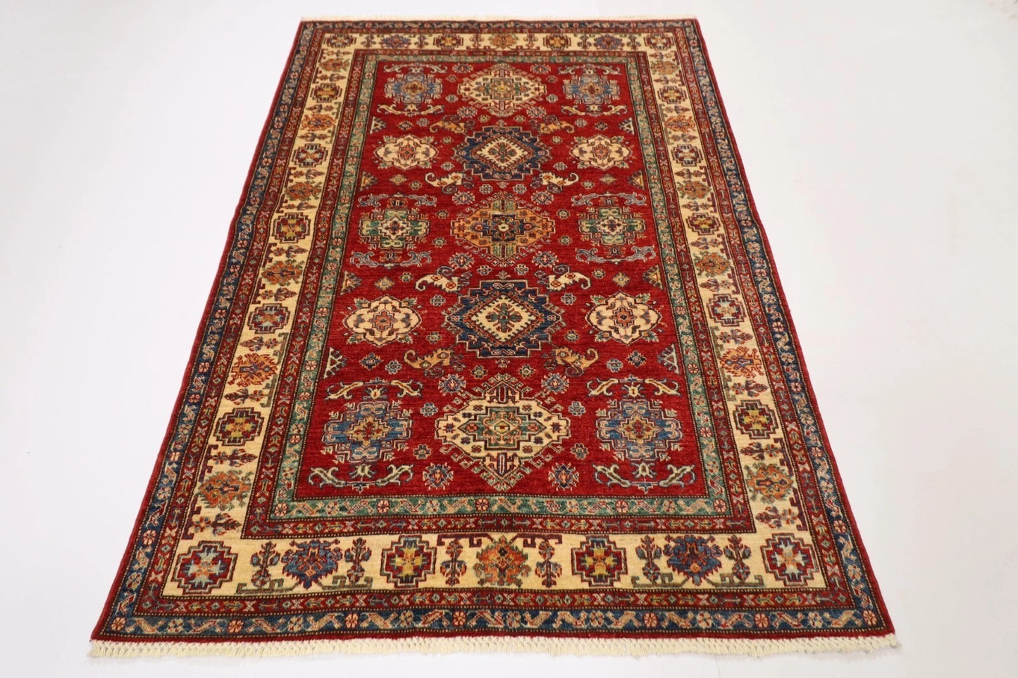 149 x 208 cm | Kazak Afghan Tribal Hand Knotted Veg Dye Wool Carpet