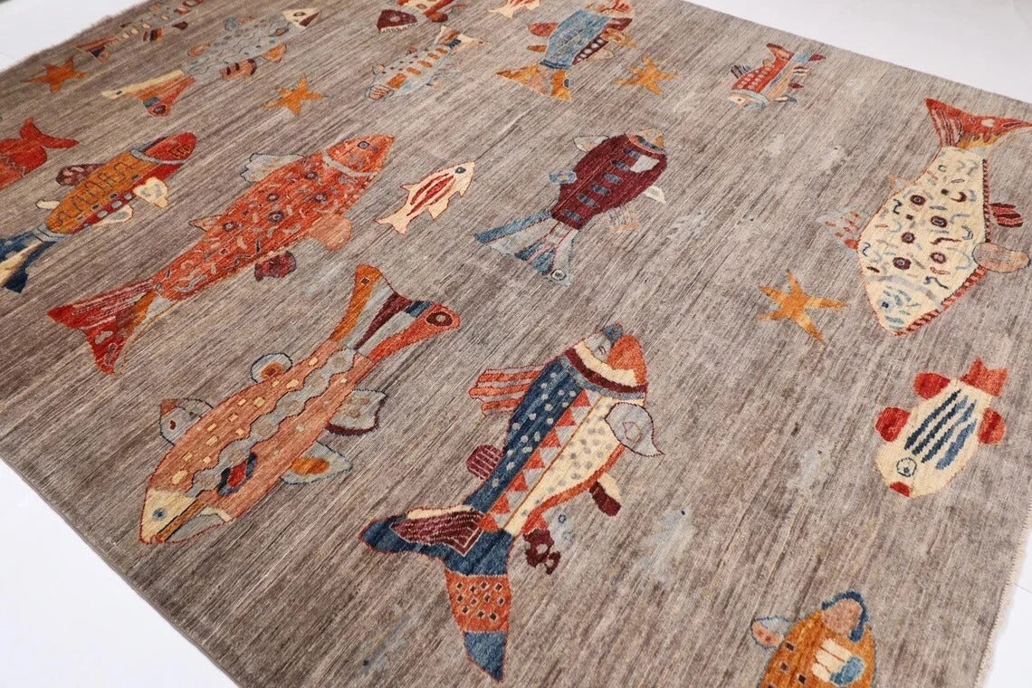245 x 300 cm | Fish Party Afghan Tribal Hand Knotted Carpet