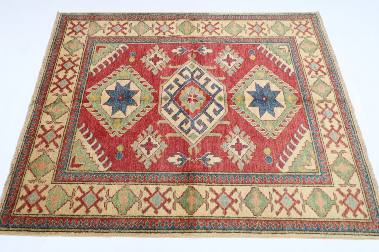 145 x 184 cm | Kazak Tribal Hand Knotted Veg Dye Wool Carpet