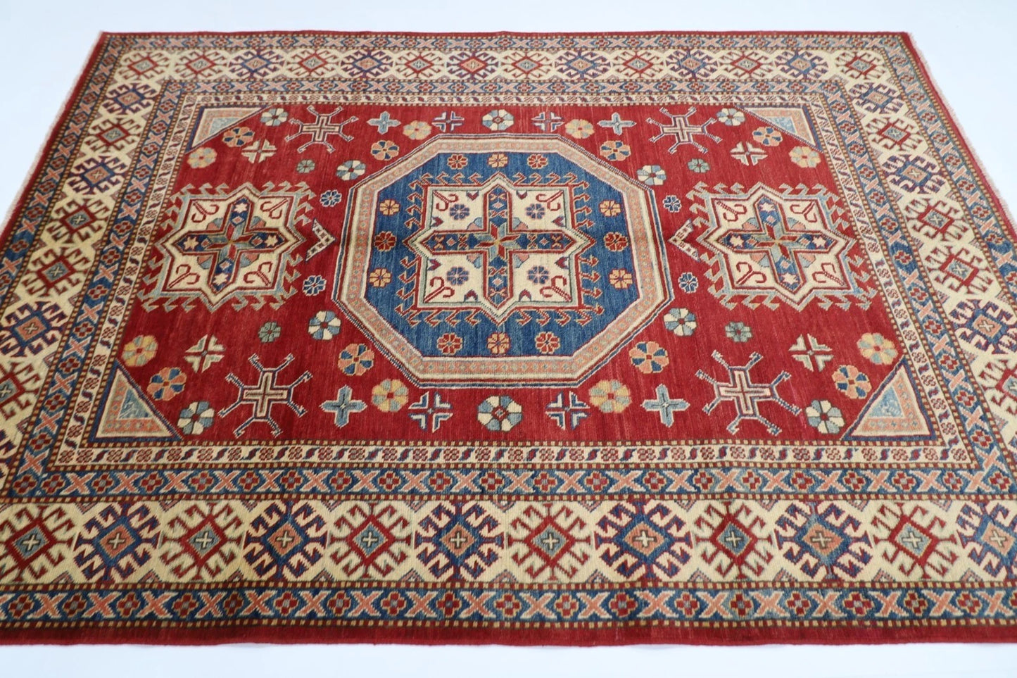 177 x 255 cm | Kazak Afghan Tribal Hand Knotted Veg Dye Wool Carpet