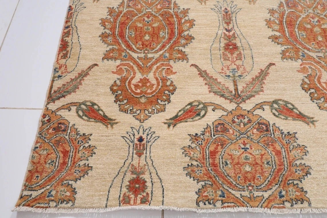 193 x 280 cm | Suzani Beige Afghan Tribal Hand Knotted Veg Dye Wool Carpet