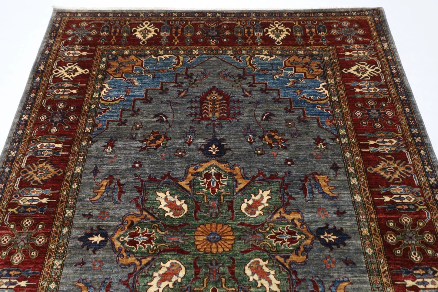 173 x 240 cm | Kazak Afghan Tribal Hand Knotted Veg Dye Wool Carpet Blueish Grey