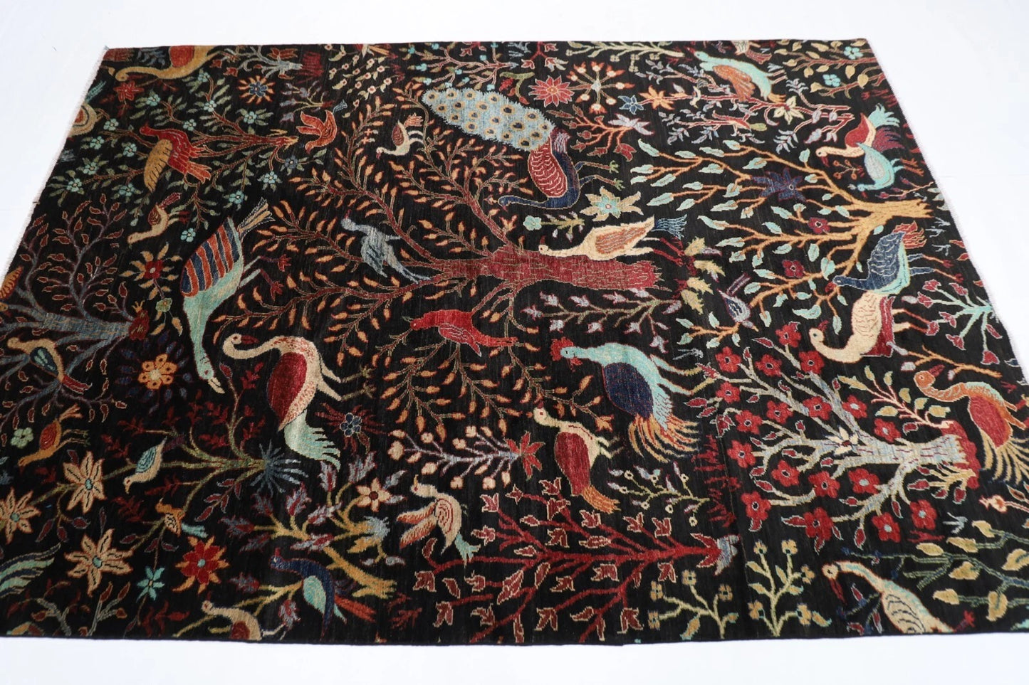 181 x 266 cm |  Birds Black Afghan Tribal Hand Knotted Veg Dye Wool carpet