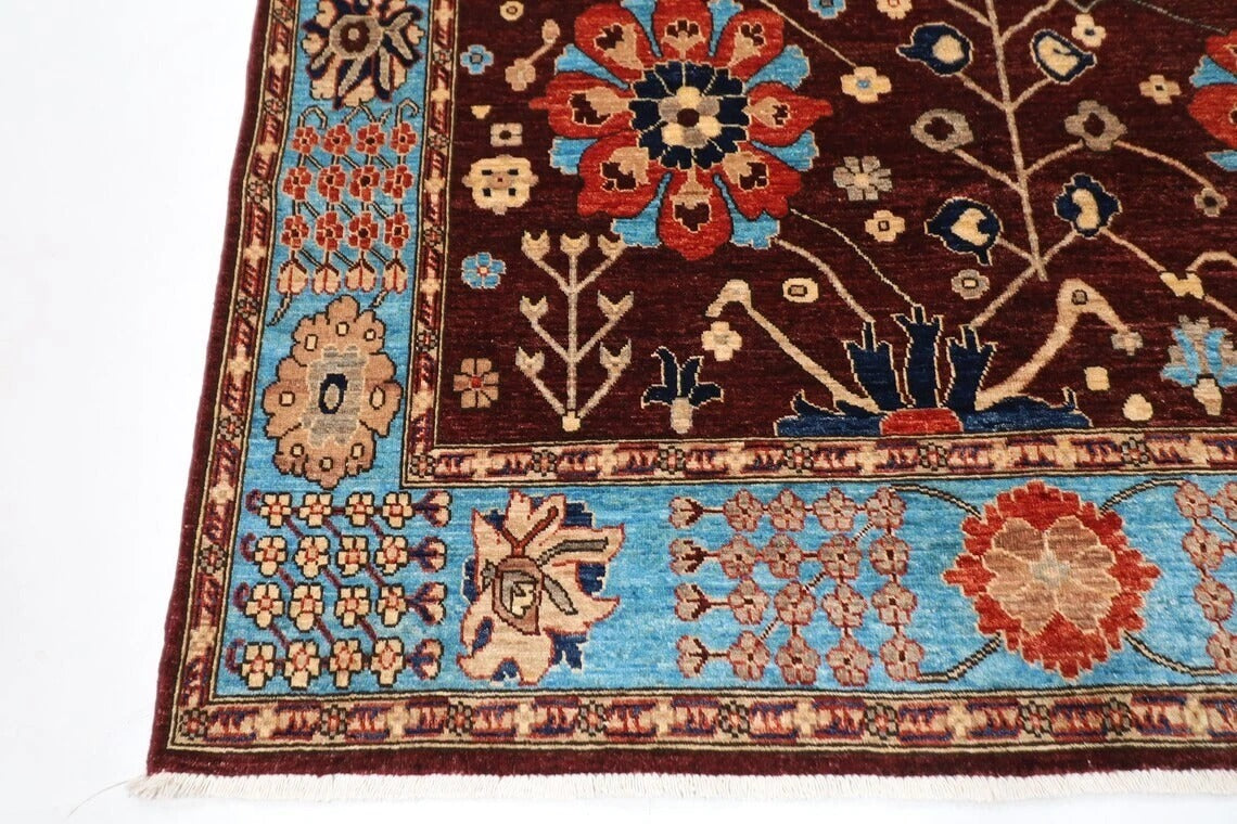185 x 280 cm | Floral Brown Afghan Tribal Hand Knotted Veg Dye Wool Carpet