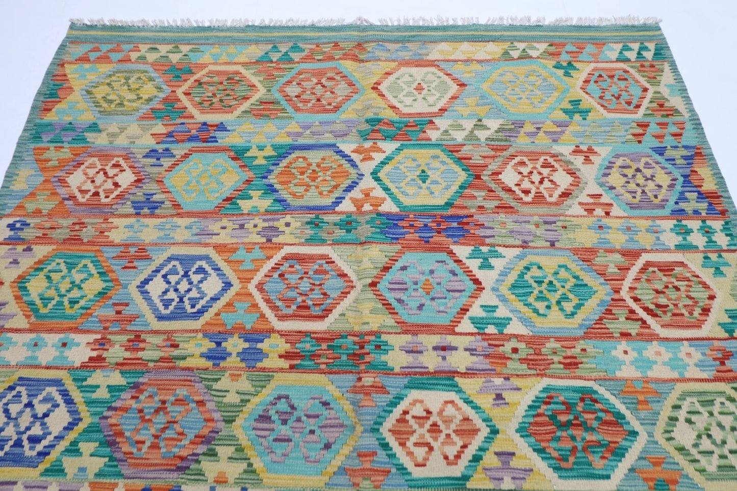 187 x 244 cm | Flat Weaved Afghan Tribal Hand Knotted Veg Dye Wool Carpet