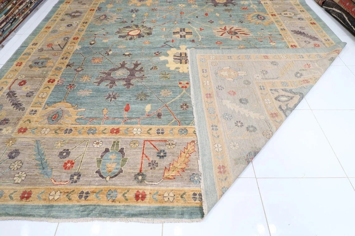 368 x 450 cm | Oushak Blue Handmade Large Size Afghan Area Rug Hand Knotted Carpet Living Room Rug