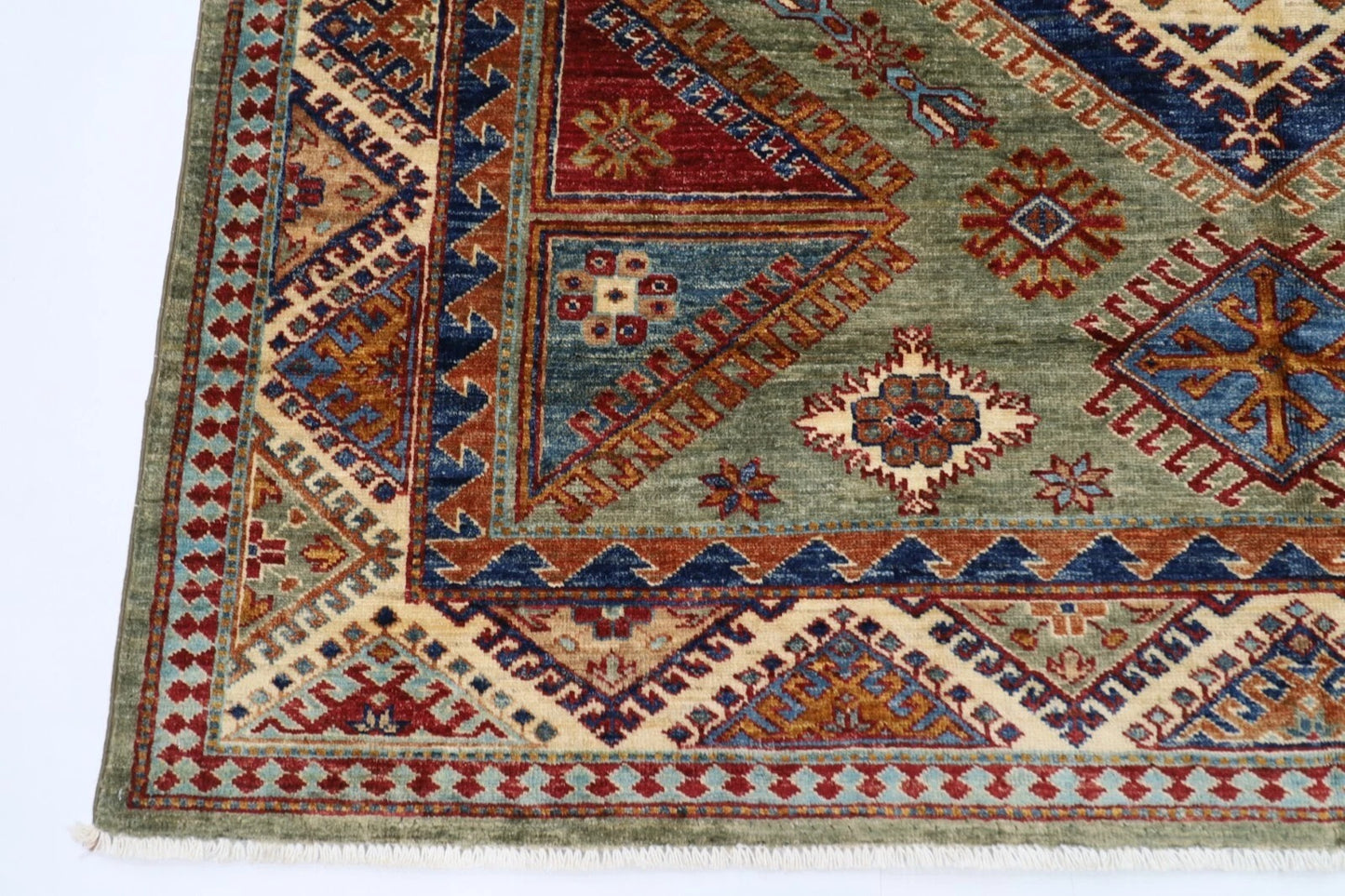 183 x 270 cm | Kazak Green Afghan Tribal Hand Knotted Veg Dye Wool carpet