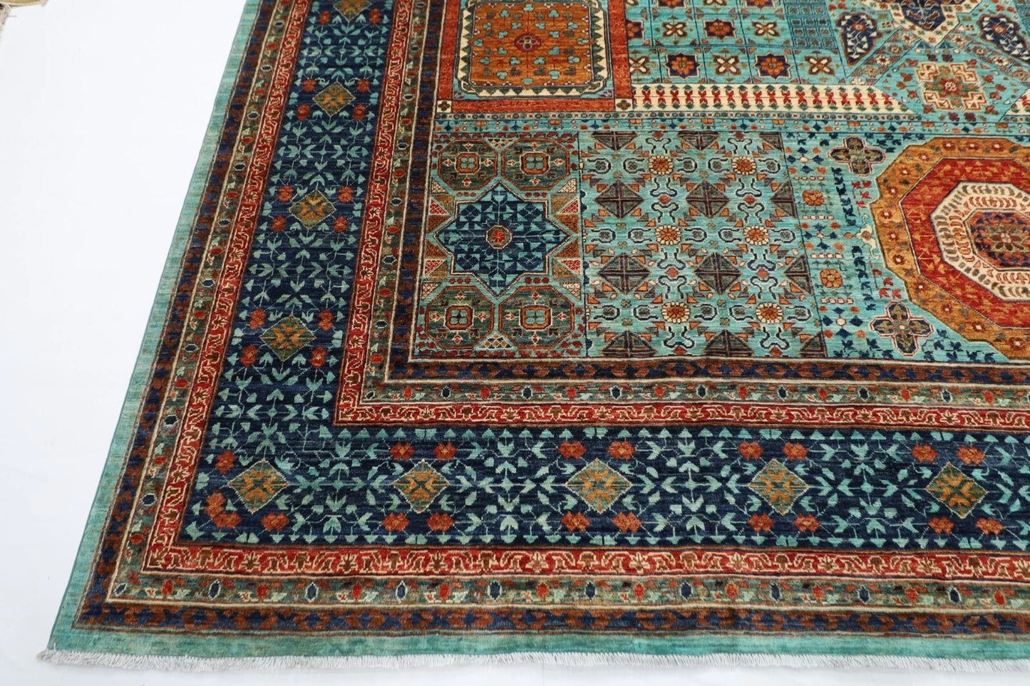 363 x 449 cm | Mamluk Turquoise Afghan Tribal Hand Knotted Carpet