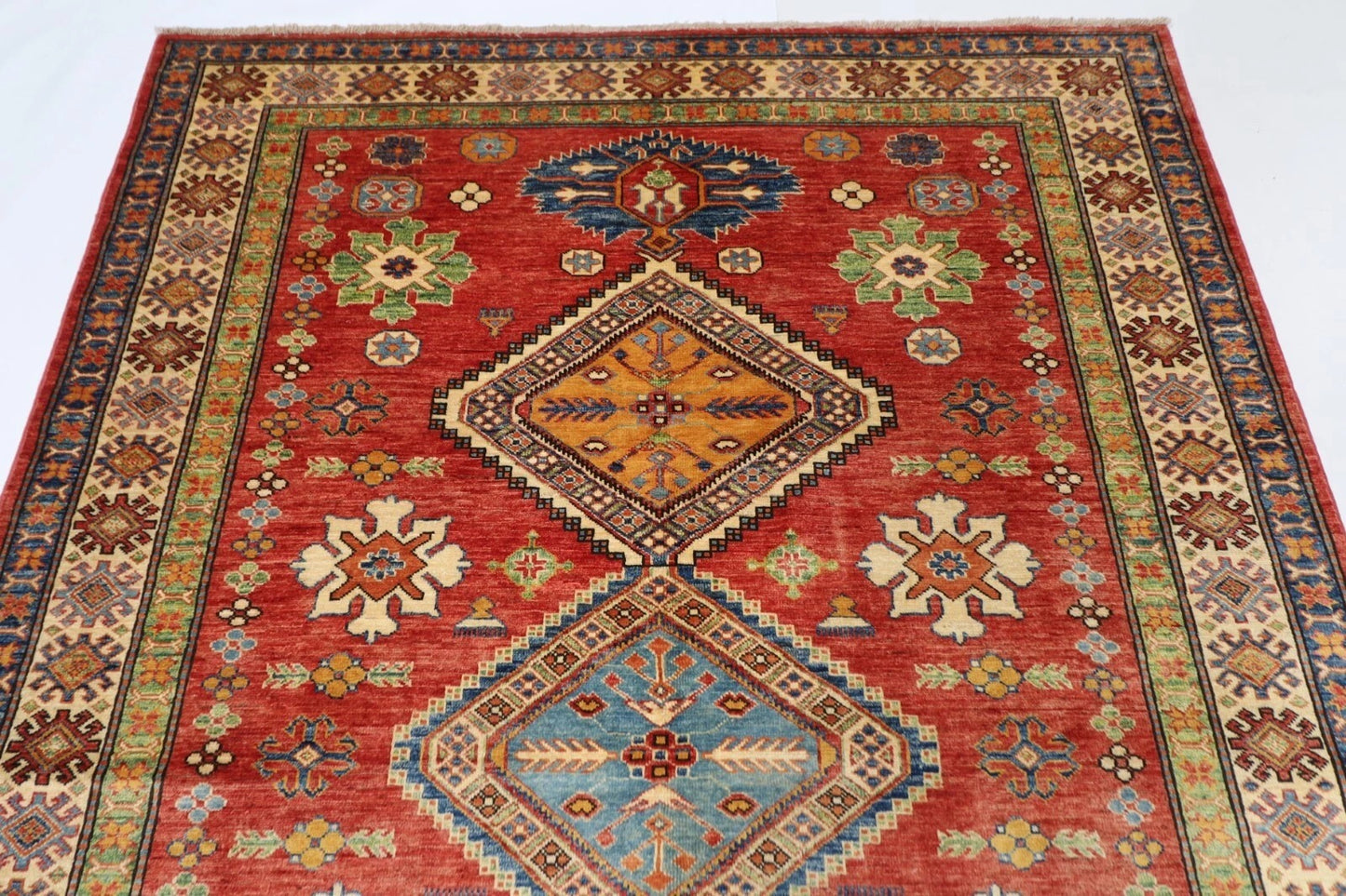 170 x 242 cm | Kazak Afghan Tribal Hand Knotted Veg Dye Wool Carpet