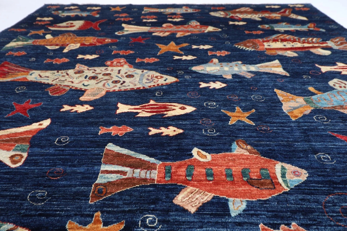 253 x 294 cm | Fish Party Afghan Tribal Hand Knotted Carpet