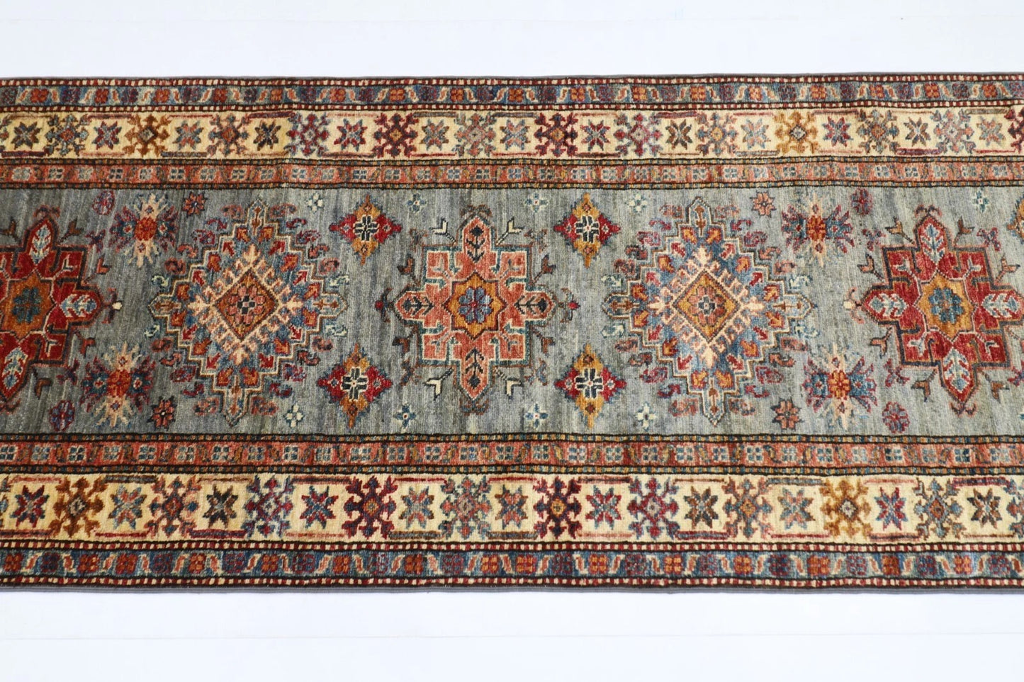 82 x 268 cm | Blueish Grey Kazak Afghan Tribal Hand Knotted Wool Runner