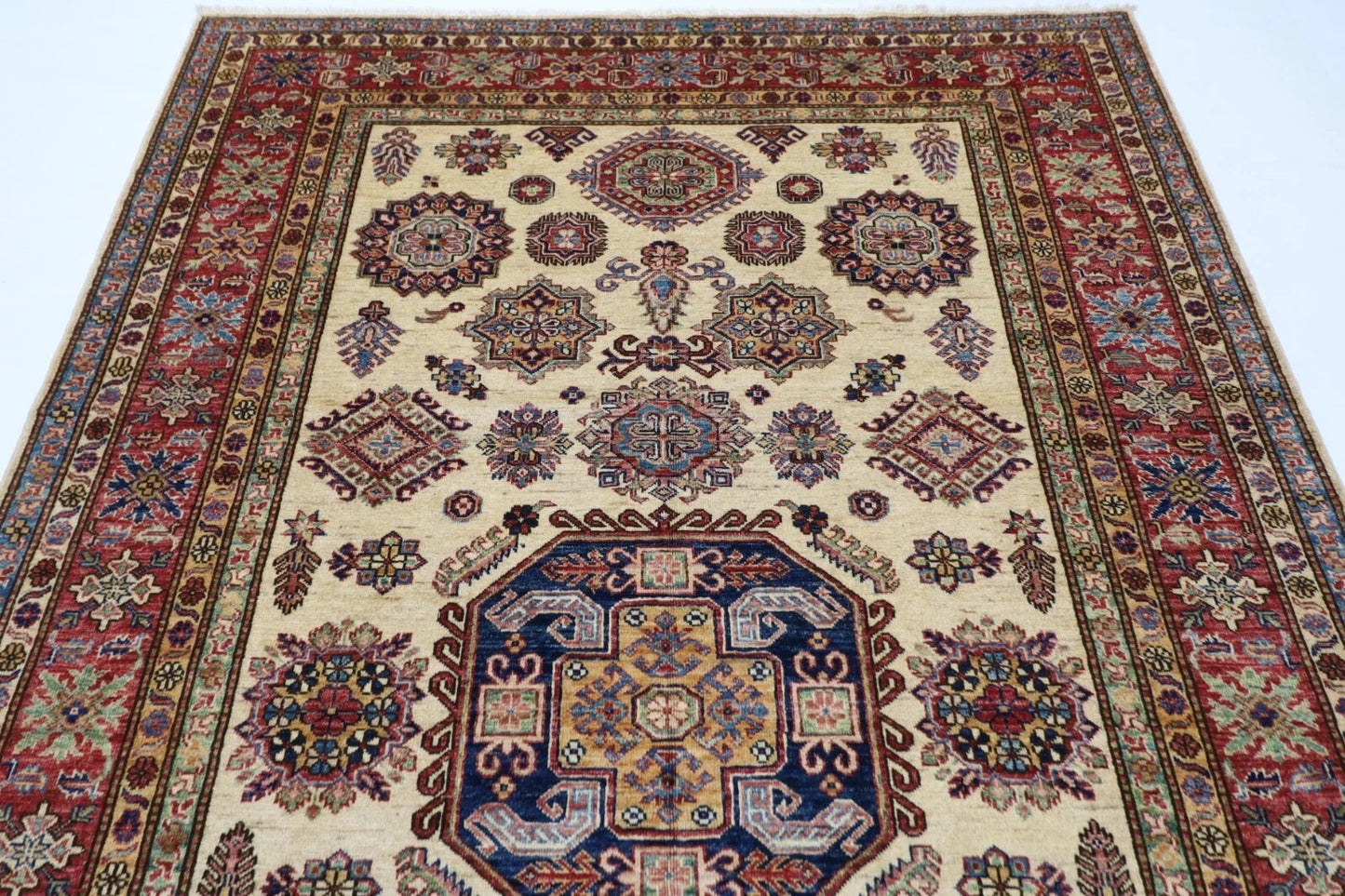 183 x 277 cm |  Geometric Kazak Beige Afghan Tribal Hand Knotted Veg Dye Wool carpet
