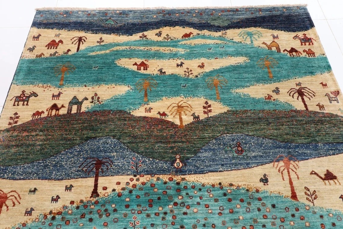 184 x 260 cm | Landscape Gabbeh Afghan Tribal Hand Knotted Veg Dye Wool Carpet