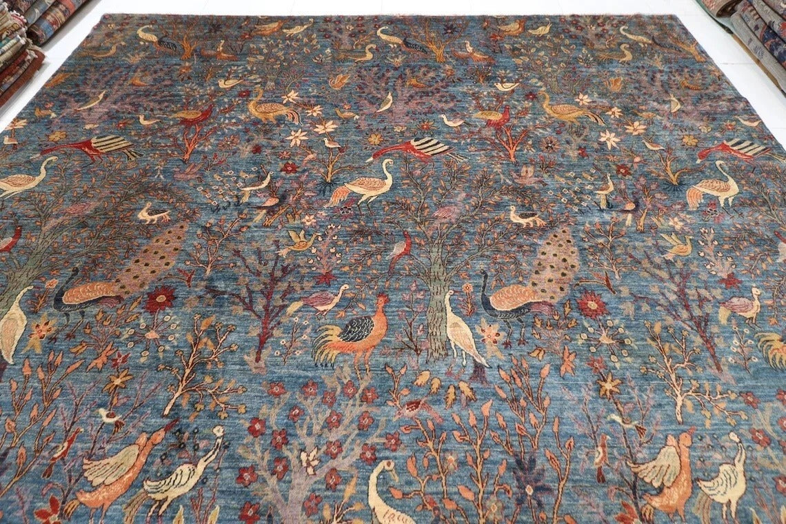 377 x 558 cm | Birds Blue Afghan Tribal Hand Knotted Carpet