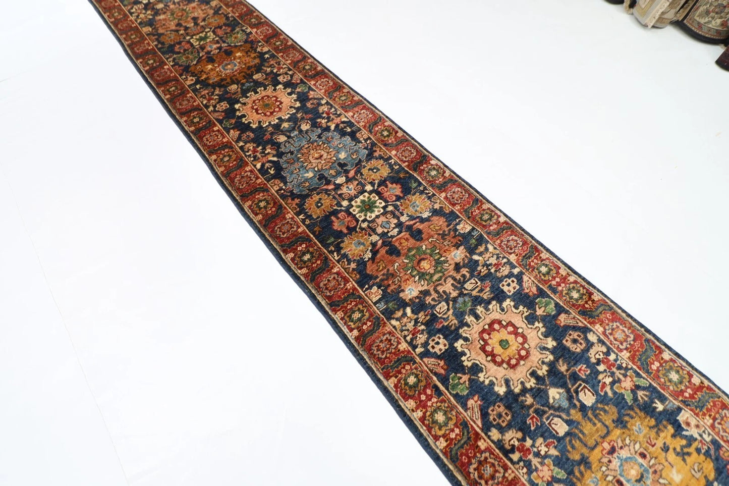 73 x 935 cm | Long Navy Blue Afghan Tribal Hand Knotted Wool Runner