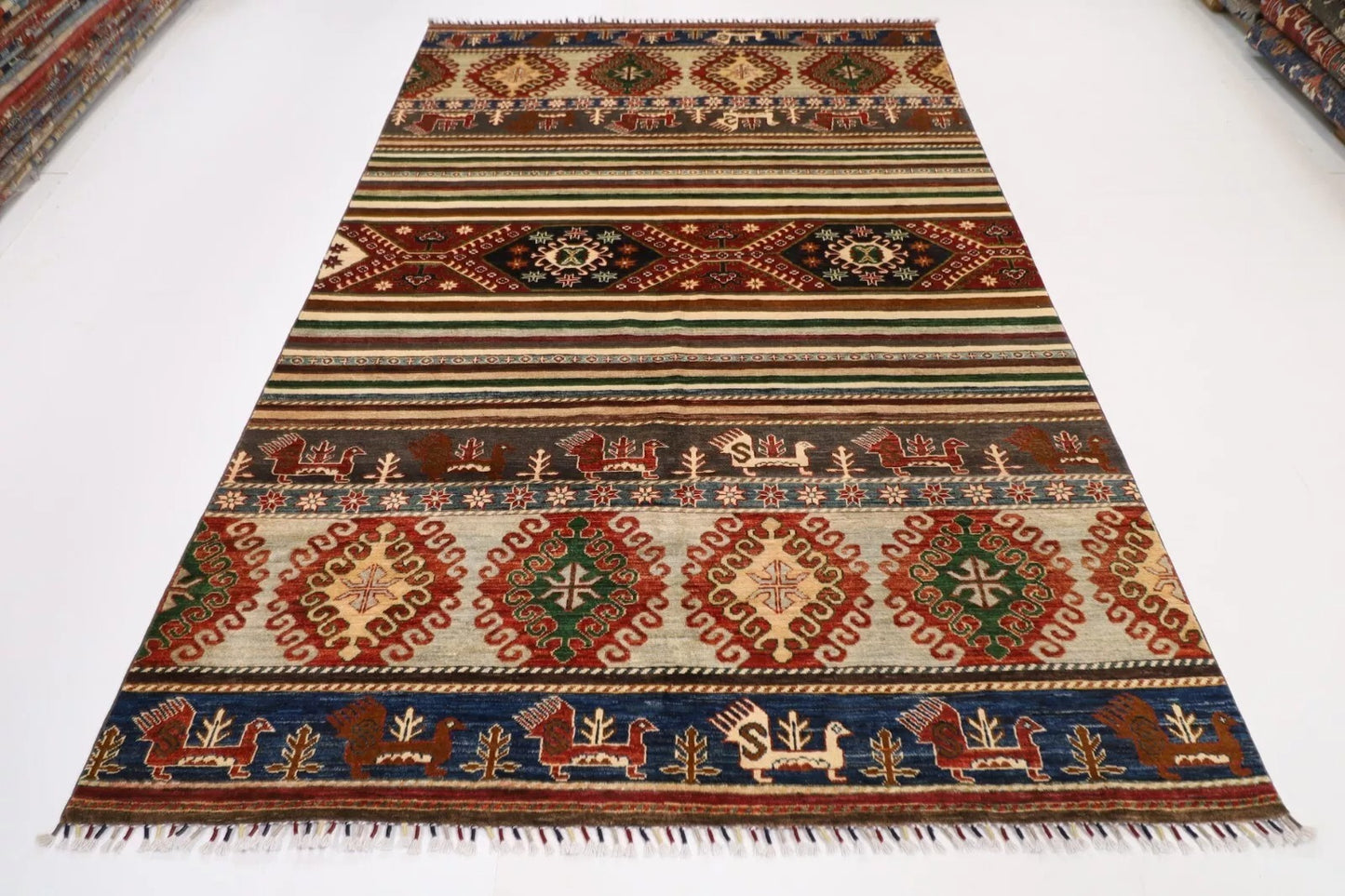 196 x 299 cm | Striped Afghan Tribal Hand Knotted Carpet