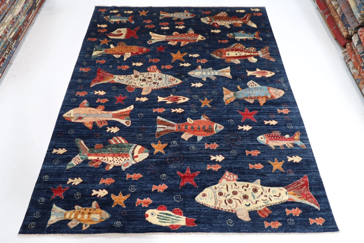 253 x 294 cm | Fish Party Afghan Tribal Hand Knotted Carpet