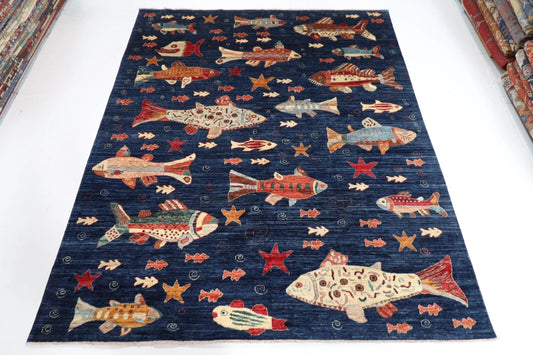 253 x 294 cm | Fish Party Afghan Tribal Hand Knotted Carpet