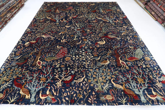 275 x 355 cm | Birds Navy Afghan Tribal Hand Knotted Carpet