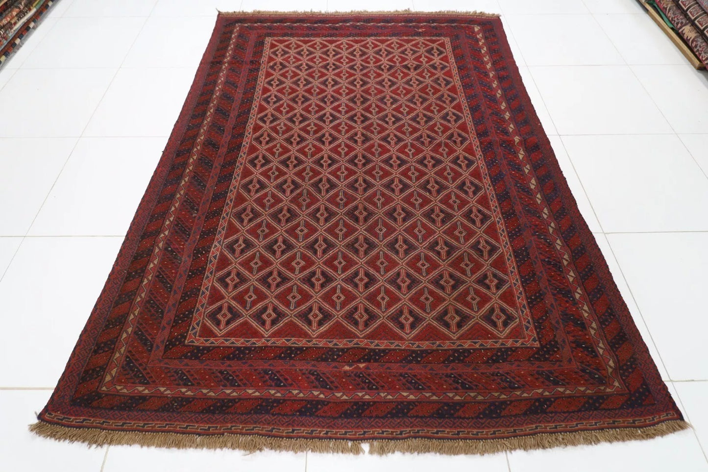 190 x 259 cm | Barjesta Red Flat Weaved Afghan Tribal Hand Knotted Carpet Kilim