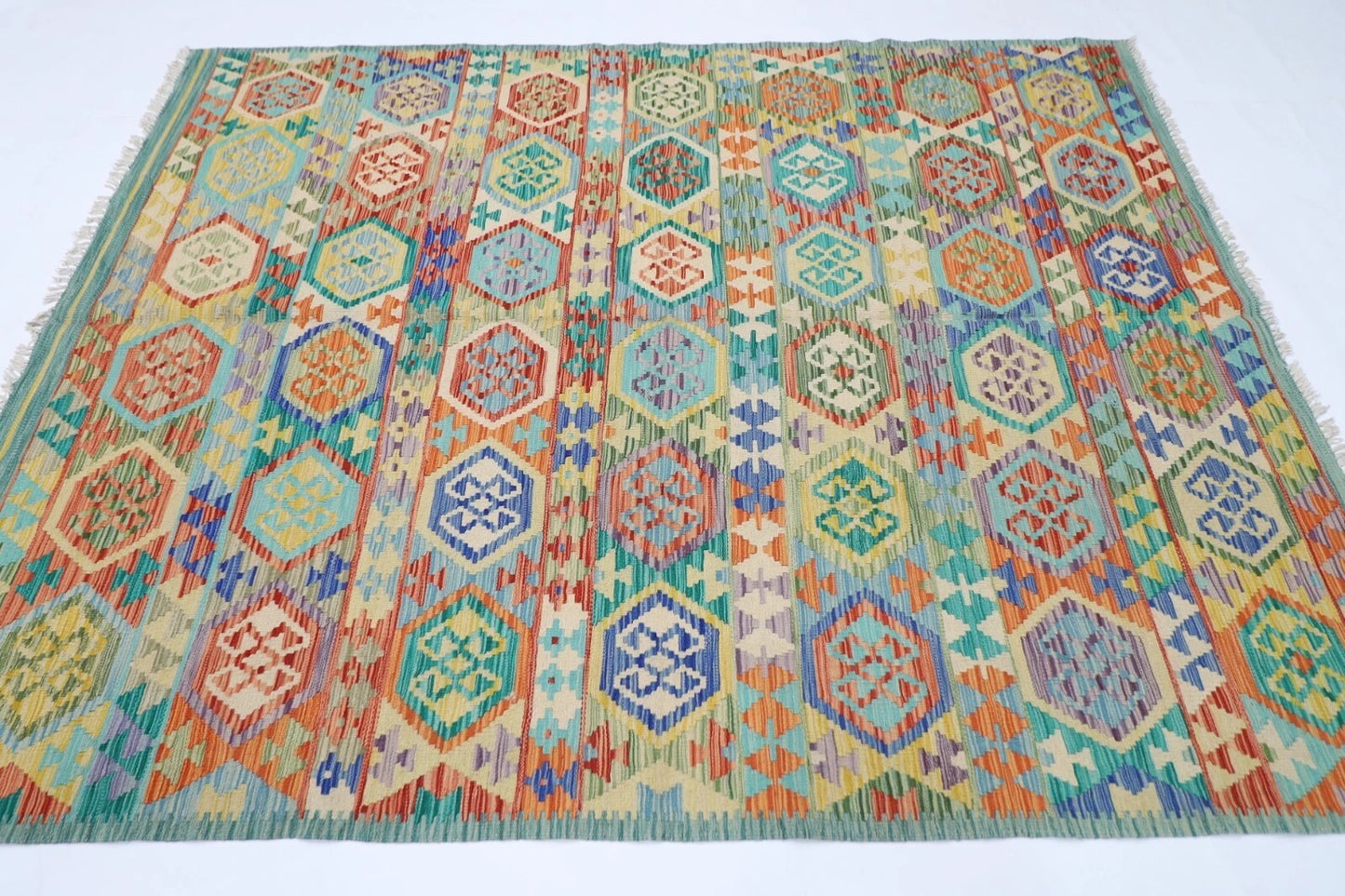187 x 244 cm | Flat Weaved Afghan Tribal Hand Knotted Veg Dye Wool Carpet