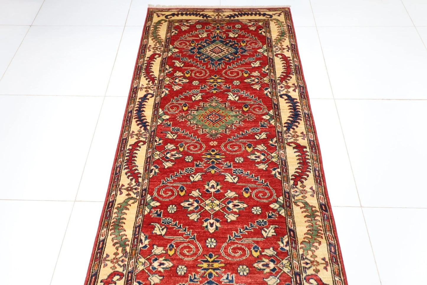 97 x 583 cm | Kazak Red Afghan Tribal Hand Knotted Wool Runner