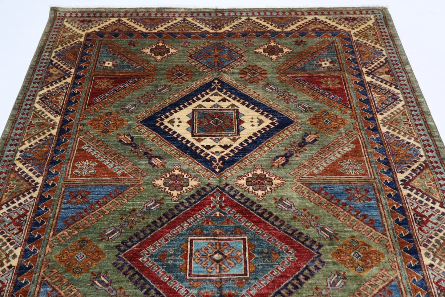 183 x 270 cm | Kazak Green Afghan Tribal Hand Knotted Veg Dye Wool carpet