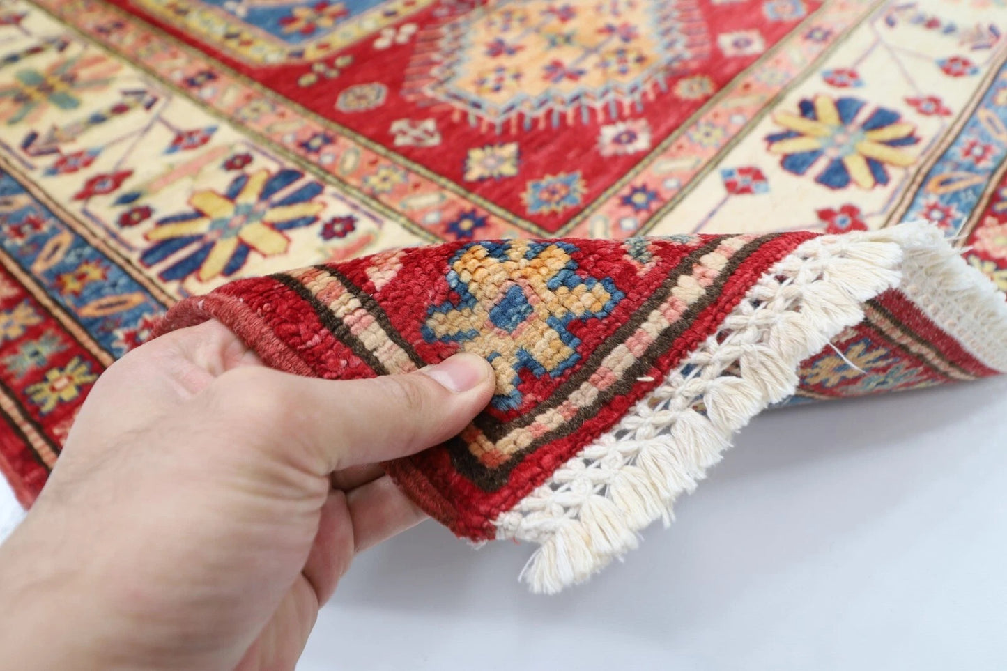 145 x 196 cm | Kazak Afghan Tribal Hand Knotted Veg Dye Wool Carpet