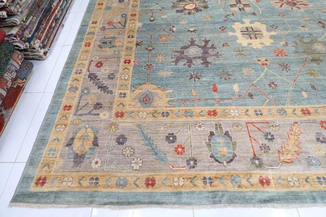 368 x 450 cm | Oushak Blue Handmade Large Size Afghan Area Rug Hand Knotted Carpet Living Room Rug