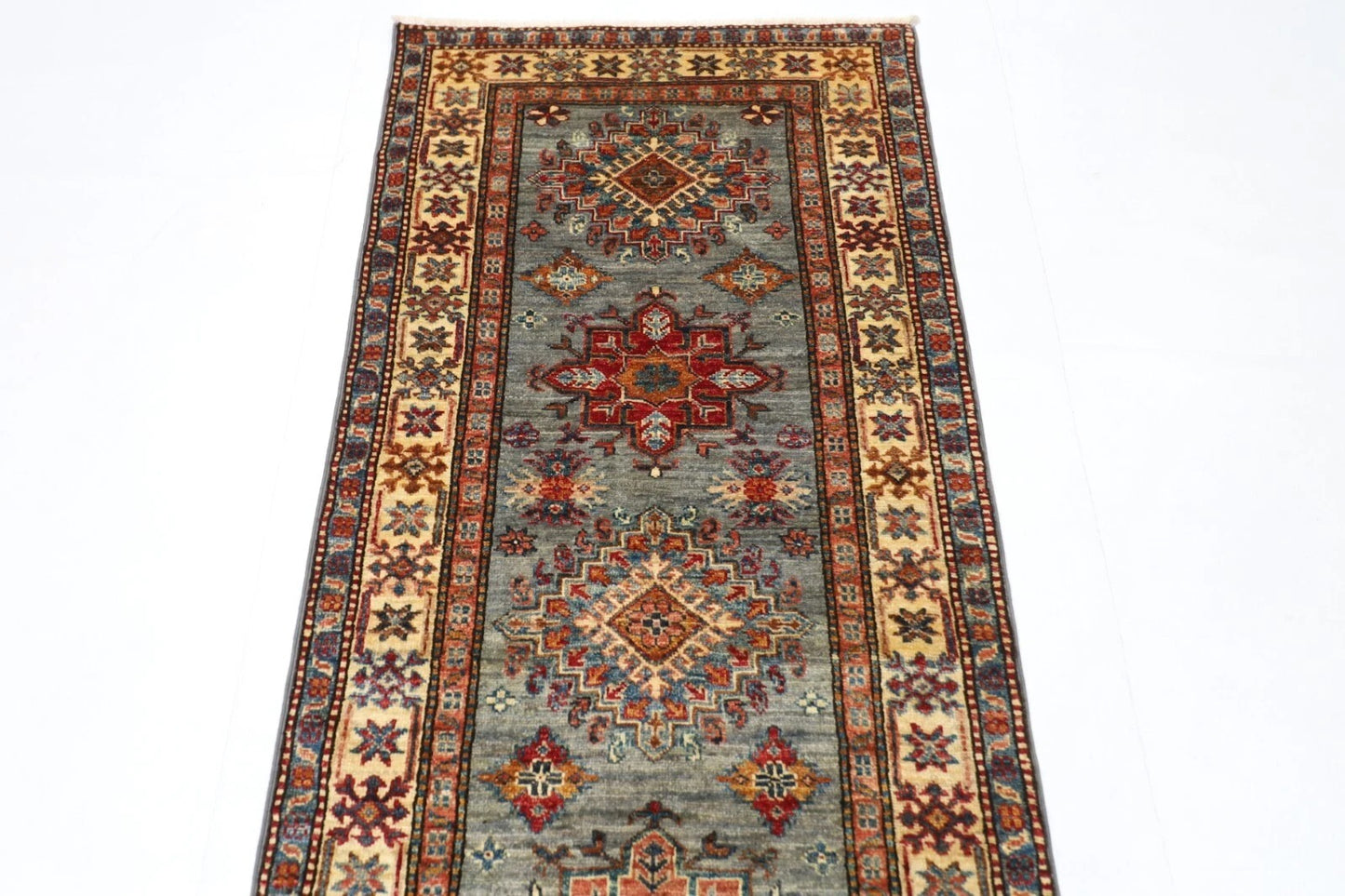 82 x 268 cm | Blueish Grey Kazak Afghan Tribal Hand Knotted Wool Runner