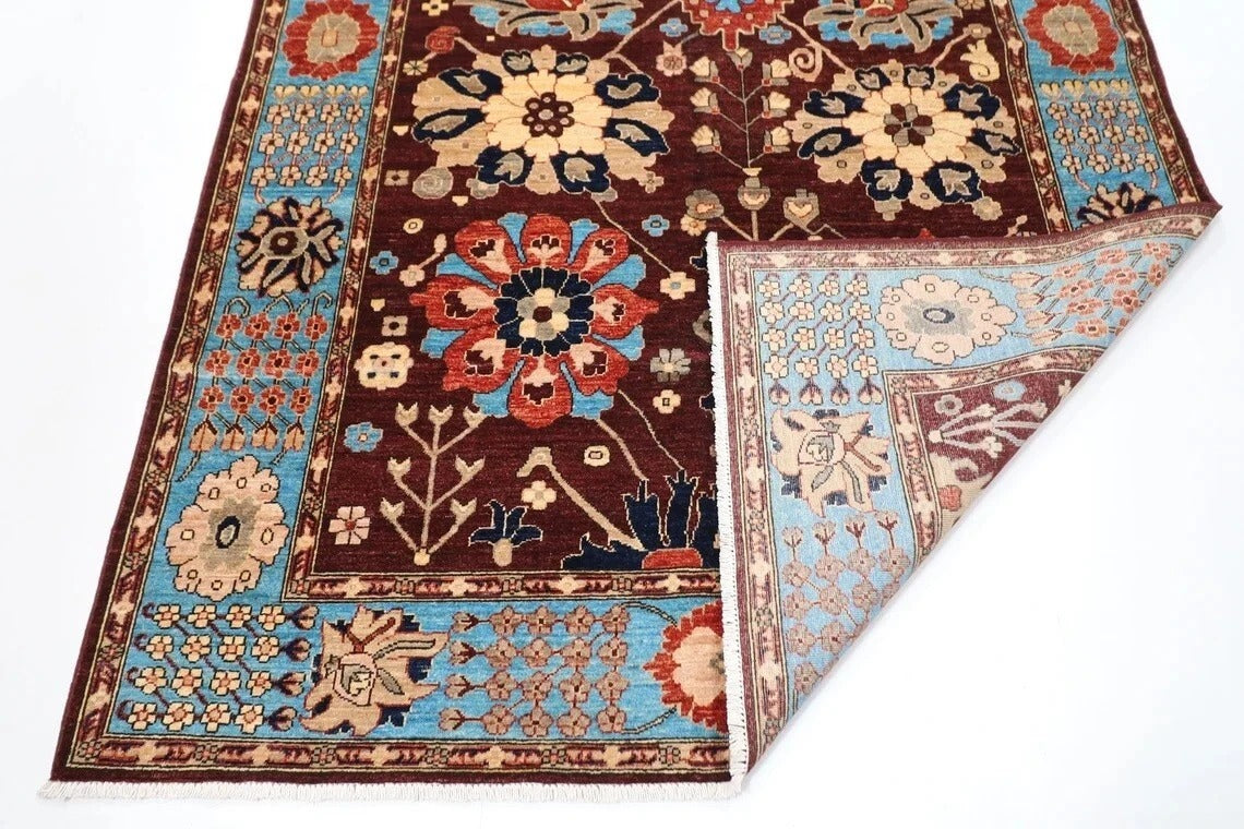 182 x 275 cm | Floral Brown Afghan Tribal Hand Knotted Veg Dye Wool Carpet